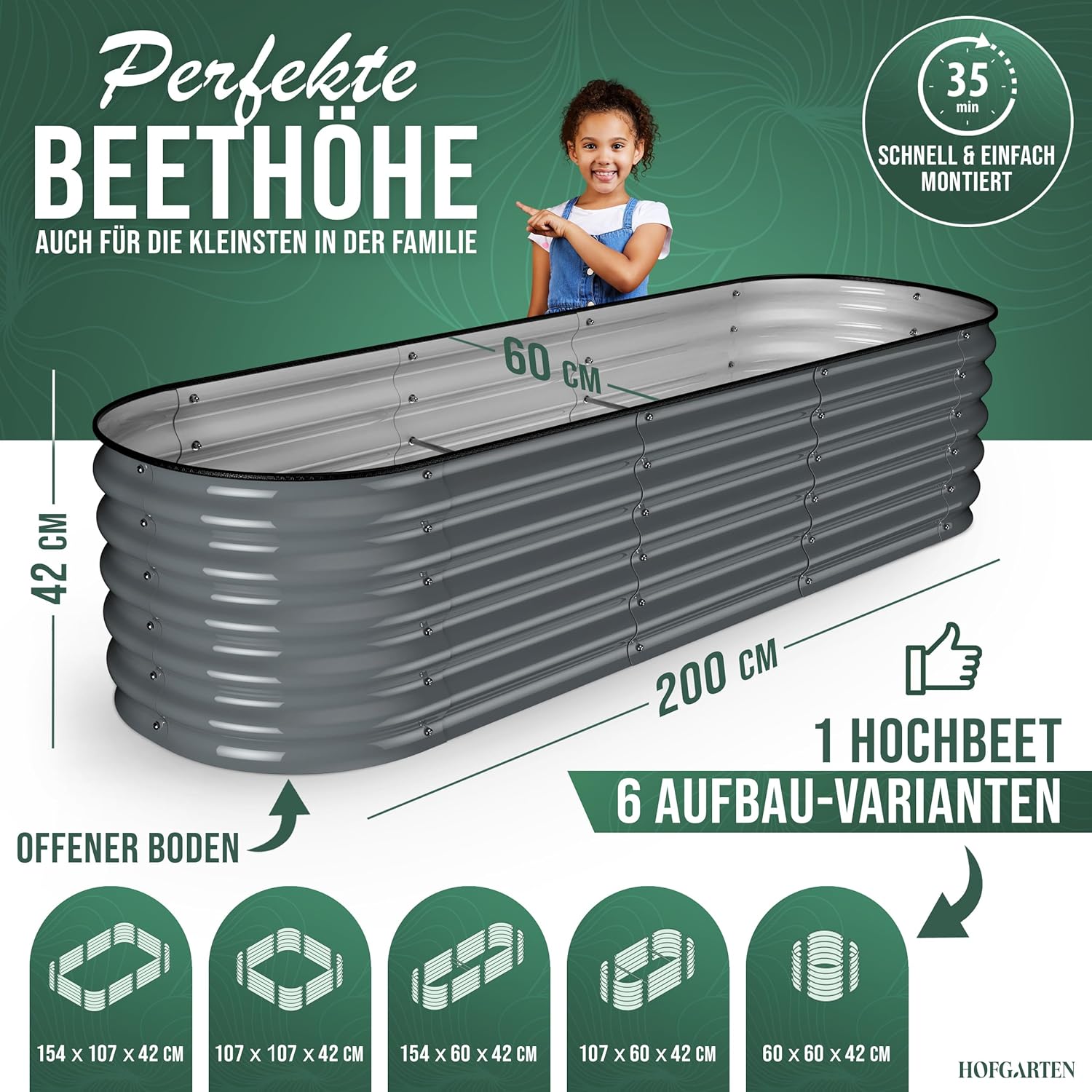 200x60x42 cm Hochbeet Metall I 6-in-1 Gartenbeet aus verzinktem Stahl I Pflanzbeet wetterfest & rostfrei I Ovales Gemüsebeet für Garten & Terasse I Hochbeet Bausatz ohne Boden (Anthrazit) – Bild 2