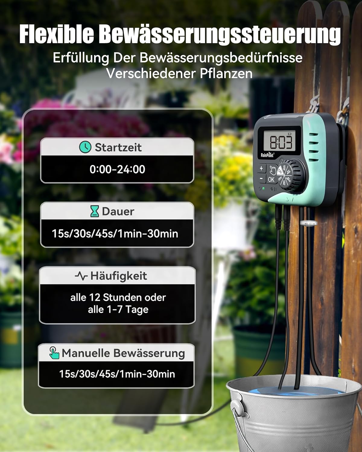 RAINPOINT Solar Bewässerungssystem, 45L/H Automatische Solar Bewässerung mit Programmierbarem Timer, 2600 mAh Akku, für bis zu 15 Garten-, Balkon- und Gewächshaus-Topfpflanzen – Bild 4