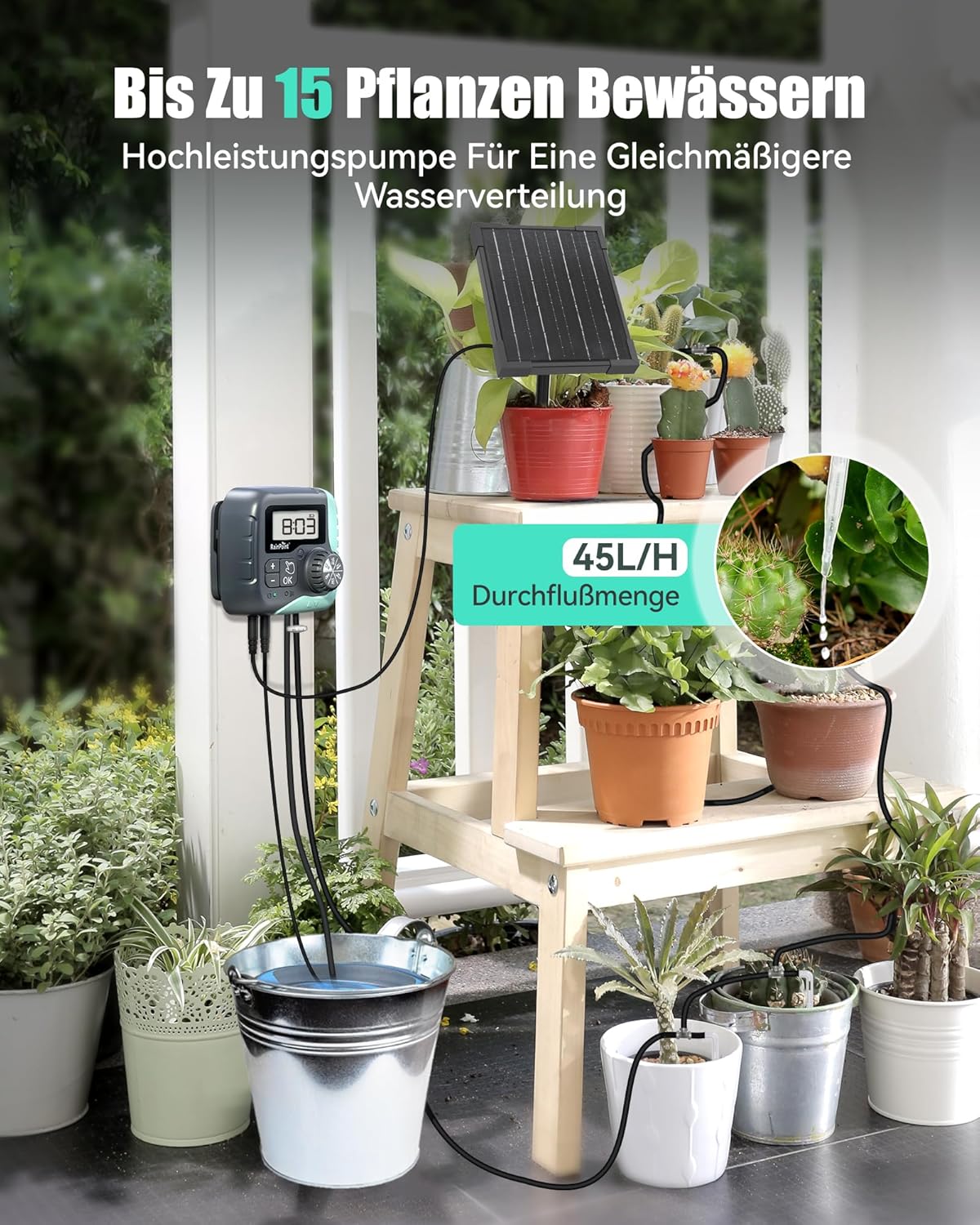 RAINPOINT Solar Bewässerungssystem, 45L/H Automatische Solar Bewässerung mit Programmierbarem Timer, 2600 mAh Akku, für bis zu 15 Garten-, Balkon- und Gewächshaus-Topfpflanzen – Bild 5