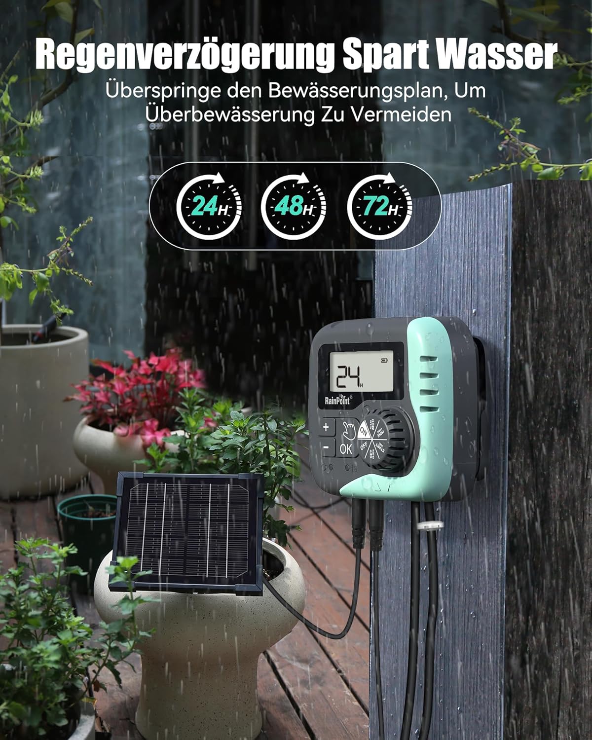 RAINPOINT Solar Bewässerungssystem, 45L/H Automatische Solar Bewässerung mit Programmierbarem Timer, 2600 mAh Akku, für bis zu 15 Garten-, Balkon- und Gewächshaus-Topfpflanzen – Bild 6
