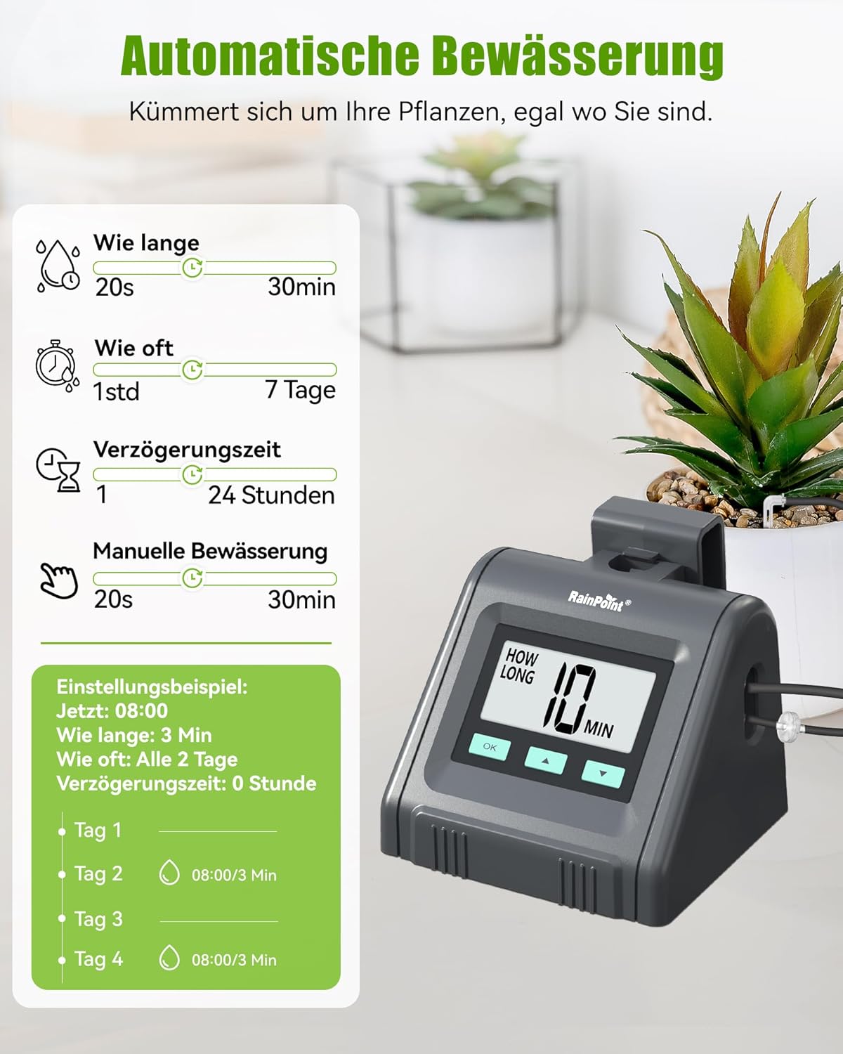 RAINPOINT Automatisches Bewässerungssystem, Einstellbare Wassermenge, Automatische Bewässerung für Zimmerpflanzen, Balkon, DIY-Tropfbewässerungsset für bis zu 10 Topfpflanzen – Bild 2