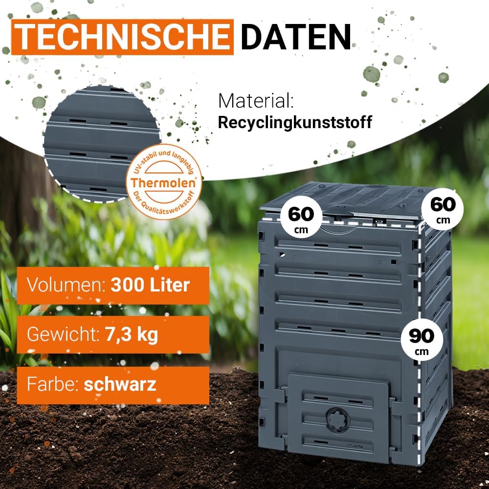GARANTIA ECO-Master Plastic Compost Bin 300 Litre Black | For garden waste and composting, quick composter garden with large opening, practical removal thanks to recessed grip – Bild 3